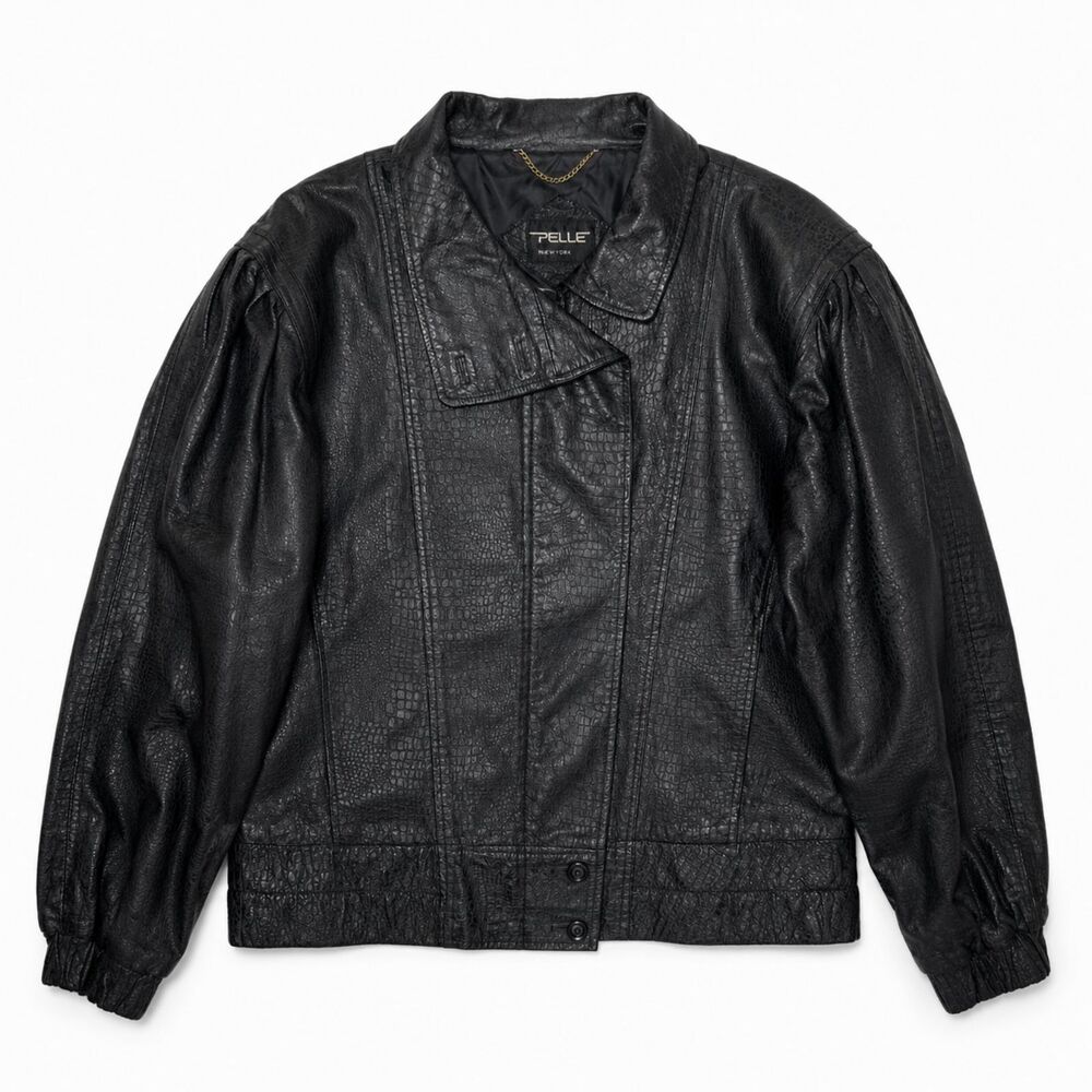 PELLE Jacket Men's Medium Black Leather Croc Embossed Bomber Full Zip Lined